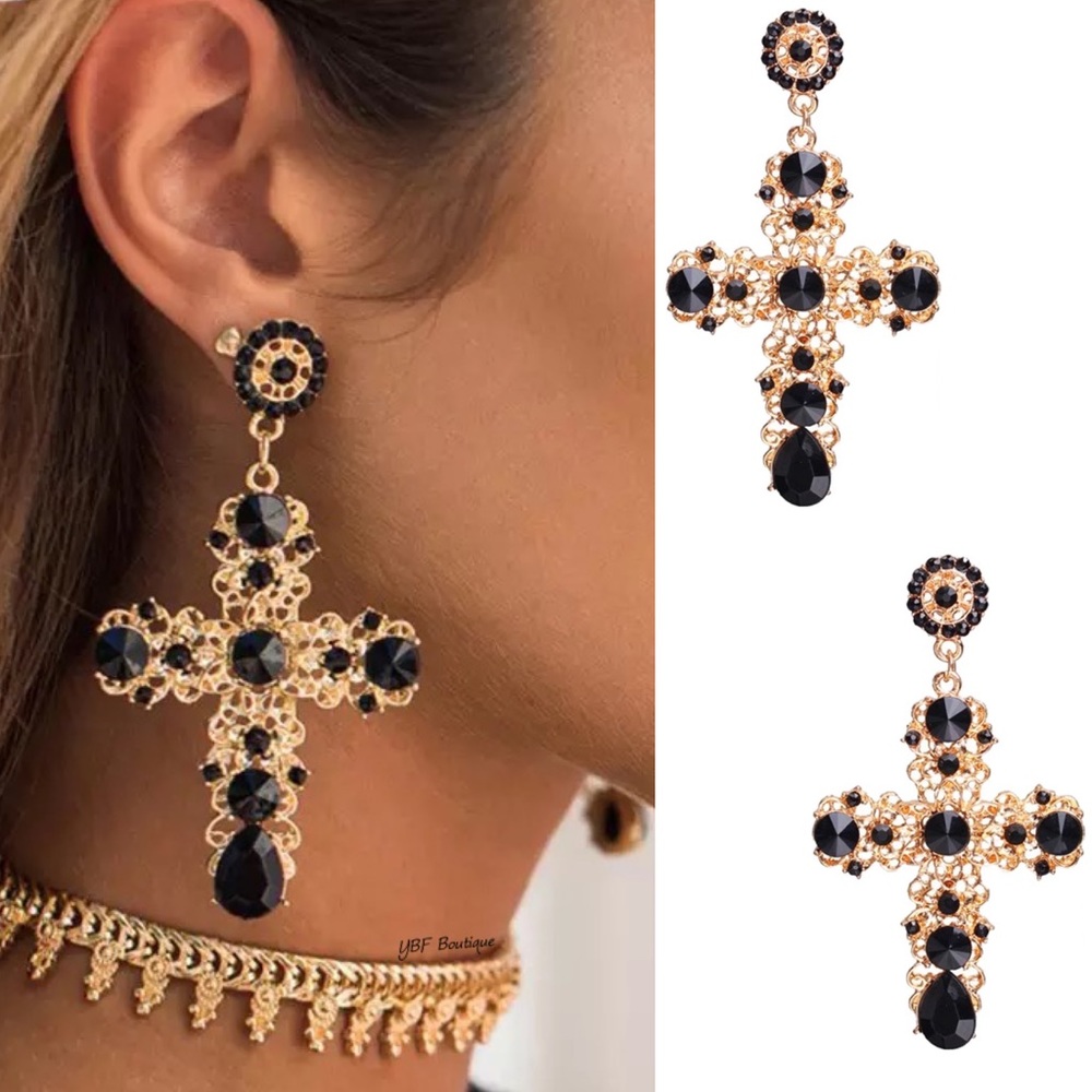 New Gold & Black Rhinestone Statement Cross Post Fashion Earrings